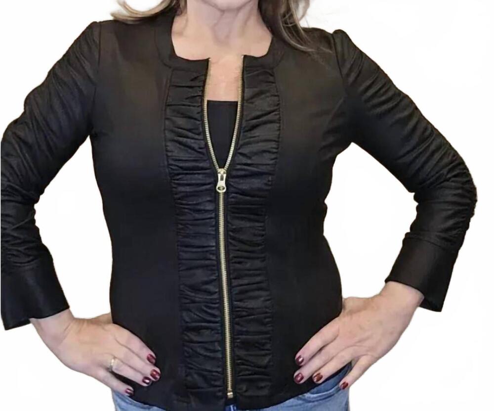 NEW CLARA SUNWOO ruched liquid leather jacket in black